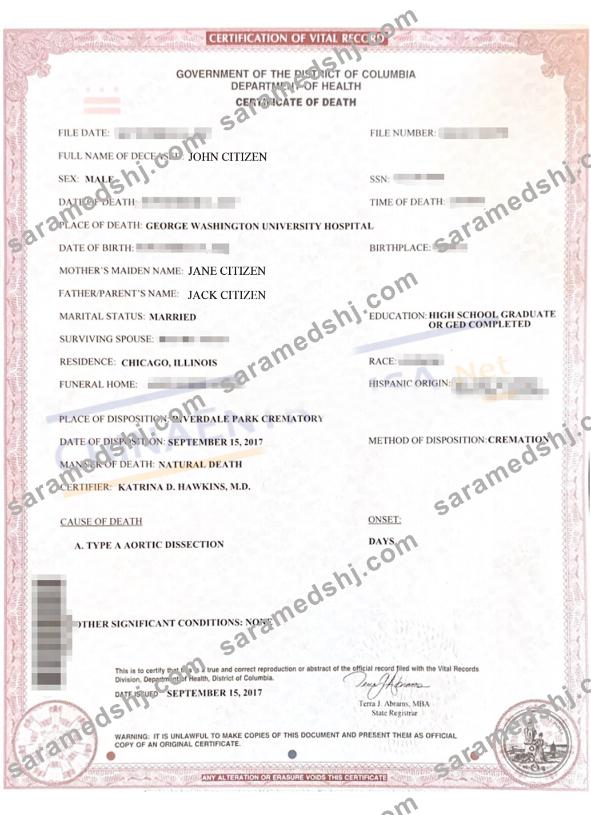 Columbia certificate of death